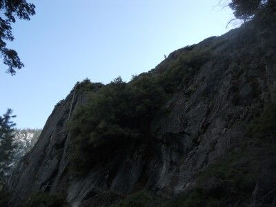 View of the rocks toward the bottom of Vikingsholm trail looking up at the view point