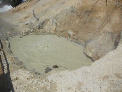 brown bubbling water at Sulphur Works in Lassen Volcanic National Park