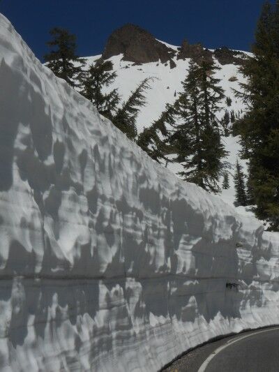 Snow wall on side of road at Lassen Volcanic National Park