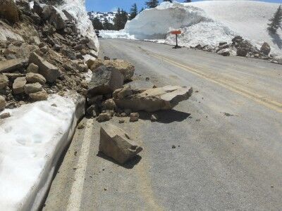 rocks fall onto the road at Lassen Volcanic national Park