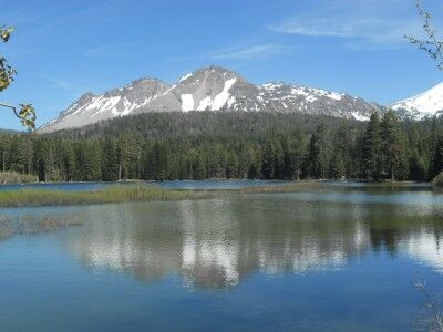 Chaos Crags reflected in Manzanita Lake in Lassen Volcanic National Park