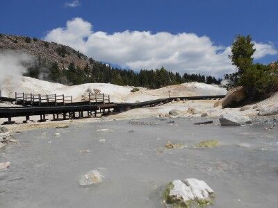 the boardwalk at Bumpass Hell with Bumpass Hell creek