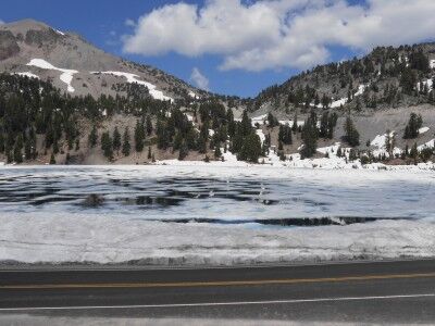 ice covered Lake Helen at Lassen Volcanic National Park