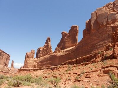 view of Park Avenue from trail at bottom at Arches National Park